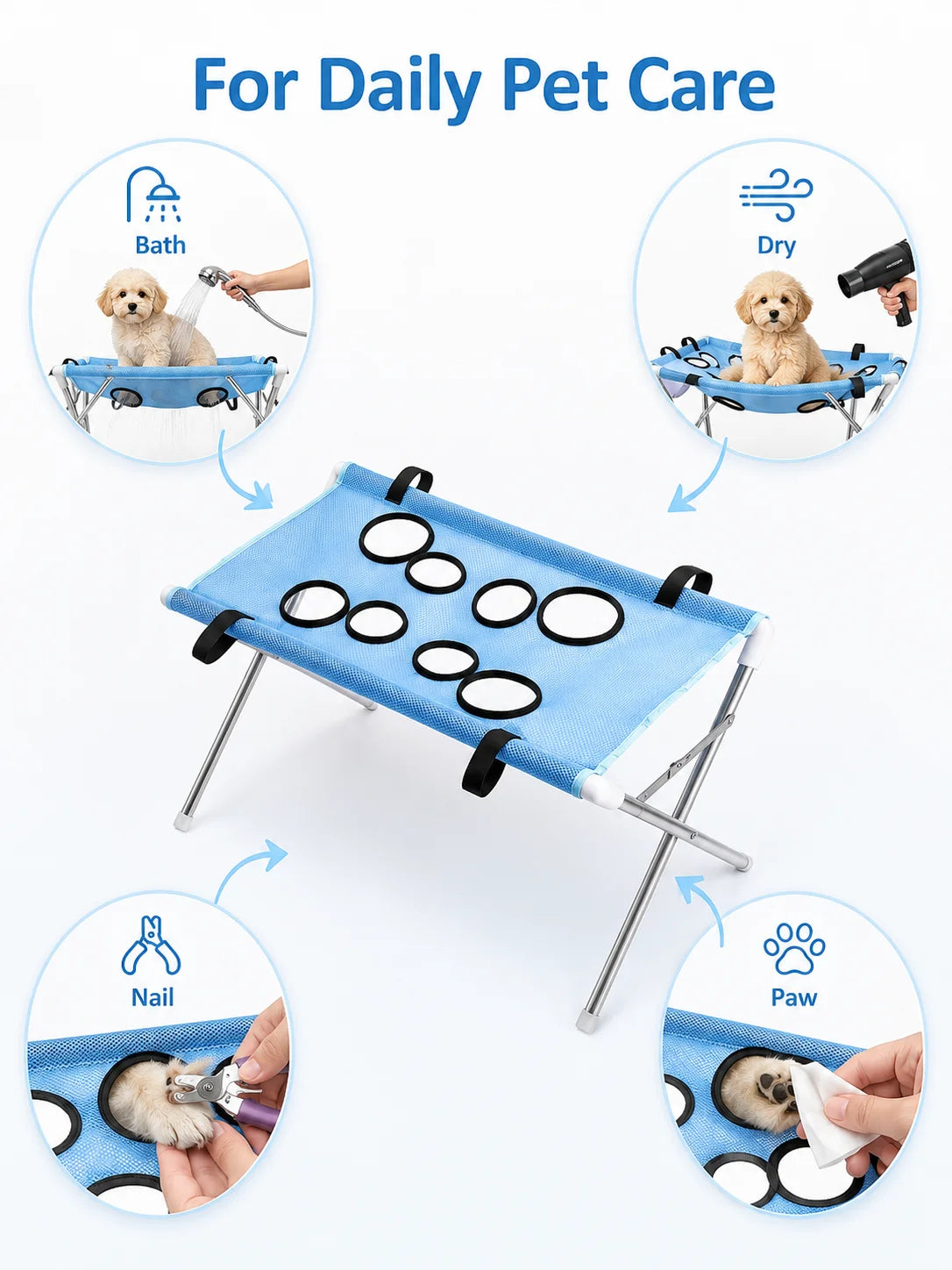 Foldable Pet Bathing Hammock – Dog & Cat Grooming & Drying Stand for Small Pets