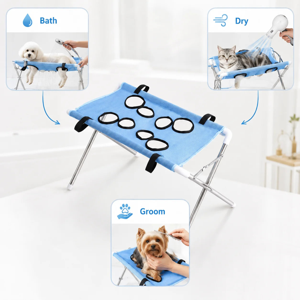 Foldable Pet Bathing Hammock – Dog & Cat Grooming & Drying Stand for Small Pets