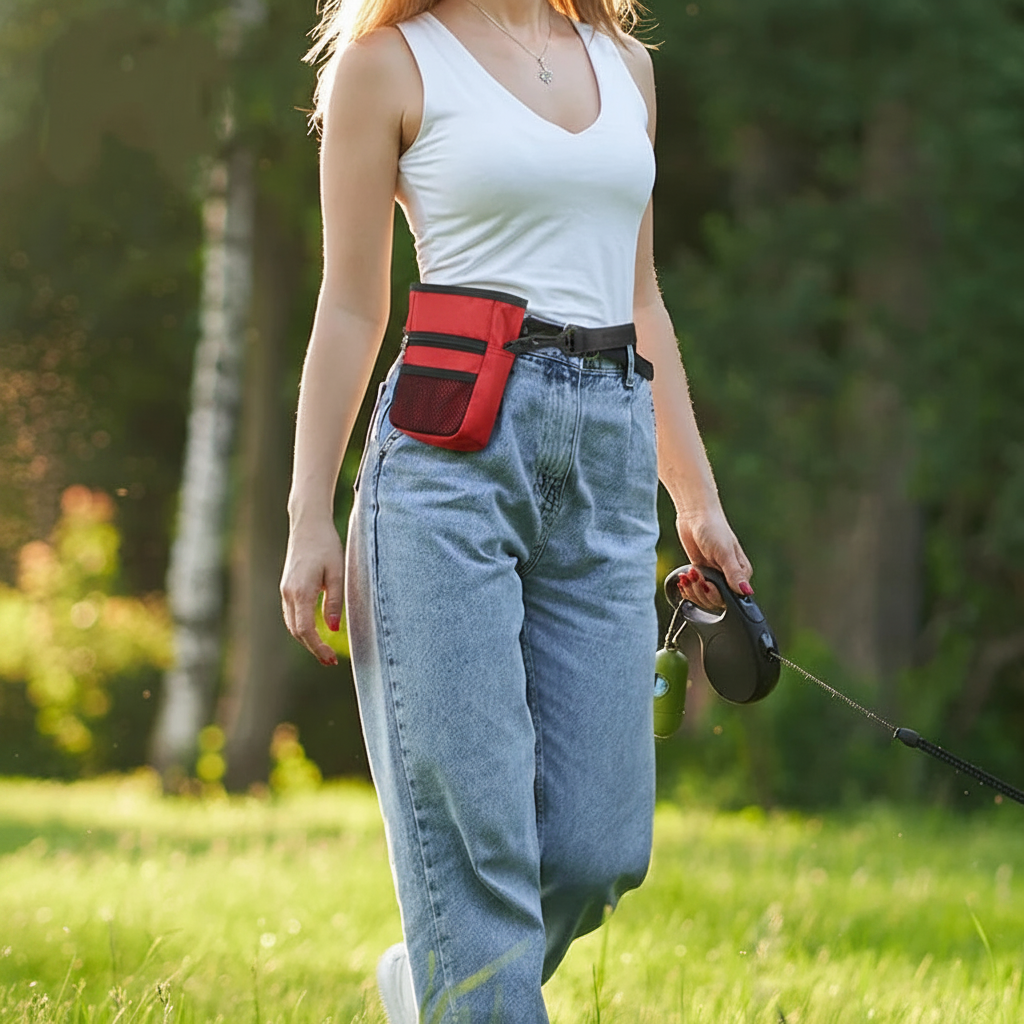 Woman walking dog wearing red Naturuff dog training treat pouch